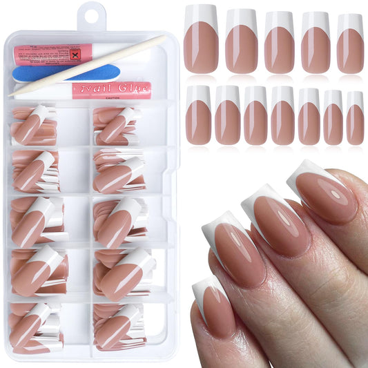 Bellelfin 120Pcs French Tip Press on Nails Medium Square Fake Nails Nude, Glossy Square French False Nails Press on Full Cover Acrylic Press on French Nails for Women Girls Artificial Fingernails