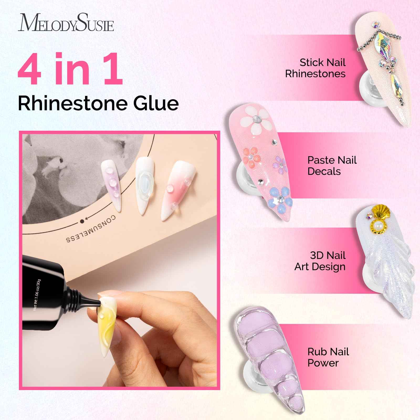 MelodySusie Rhinestone Glue Super Strong Gel Nail Glue for 3D Sculpting Nail Art Design Chrome Powder Decals Decor Need UV/LED Cured 30g