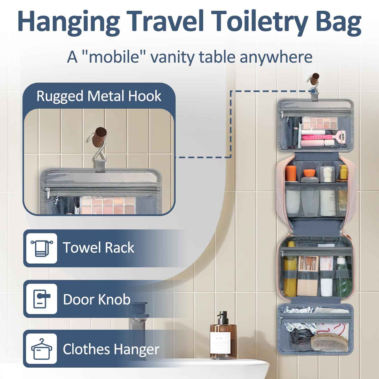 Vankor Travel Toiletry Bag for Women with Hanging Hook, Waterproof TSA Approved Cometic Toiletry Bag Organizers Leakproof Make up Bags for Women Pink