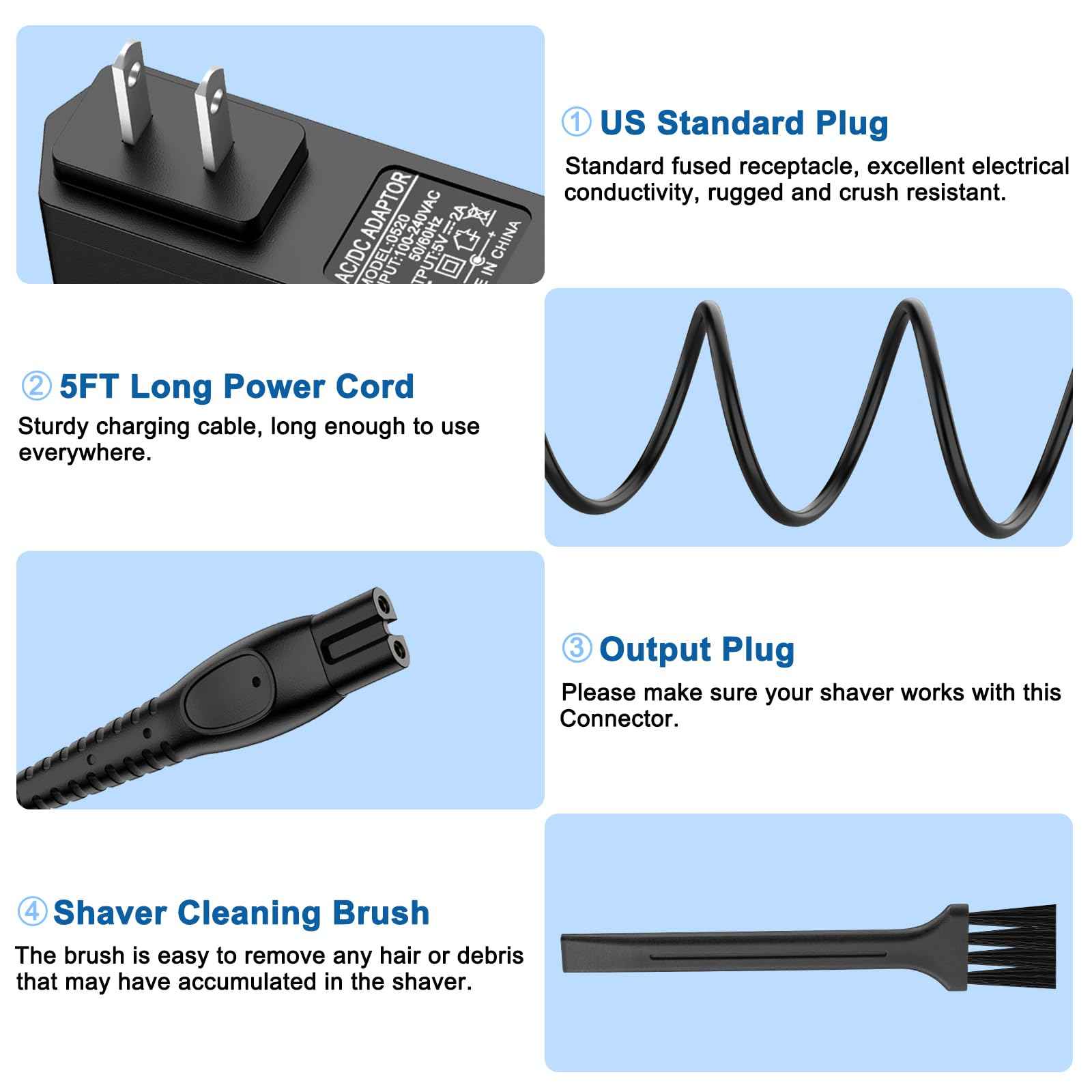 Vanjua 5V Charger Cord for Philips Norelco Shavers - Compatible with OneBlade QP2724/QP2834, MG5910/MG7910/MG9510, 2400/3900 Series & More - Replacement Power Cable with Plug
