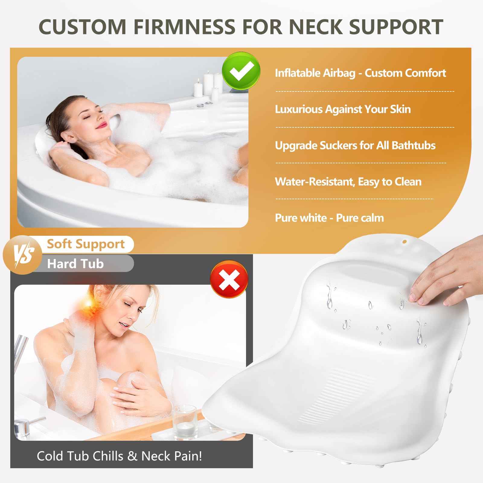 Inflatable Bath Pillows for Tub - Adjustable Firmness Silicone Bathtub Pillow for Neck-Relaxing & Epsom Salt Soaking, Bath Pillow for Head & Back Support Cushion, Spa Gifts for Women, Parent (White)