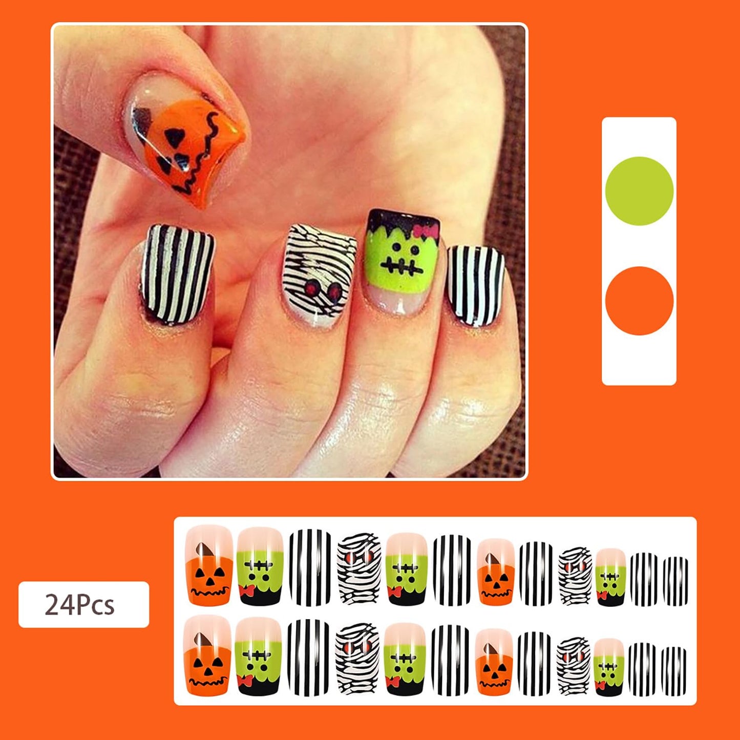 24 Pcs Halloween Press on Nails Short Square Halloween Fake Nails with Mummy & Stripe Designs Artificial Acrylic Nails Glossy Glue on Nails Cute Full Cover False Nails for Women Halloween Nails