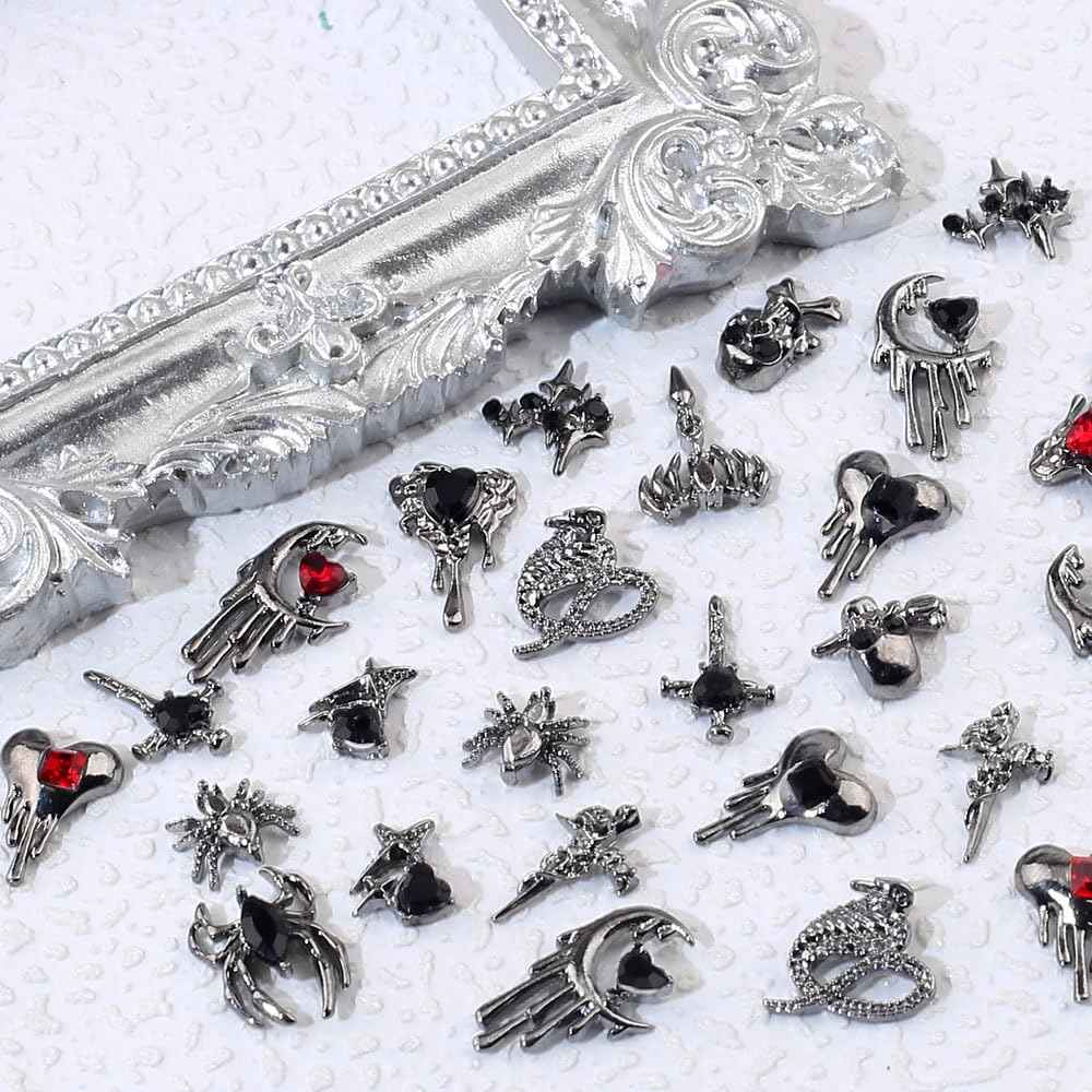 30pcs Halloween Nail Charms for Acrylic Nails 3D Halloween Charms for Nails Cross Nail Charm Star Moon Heart Spider Skull Nail Designs Alloy Nail Art Charms Metal Nail Jewels for Nail Art Supplies