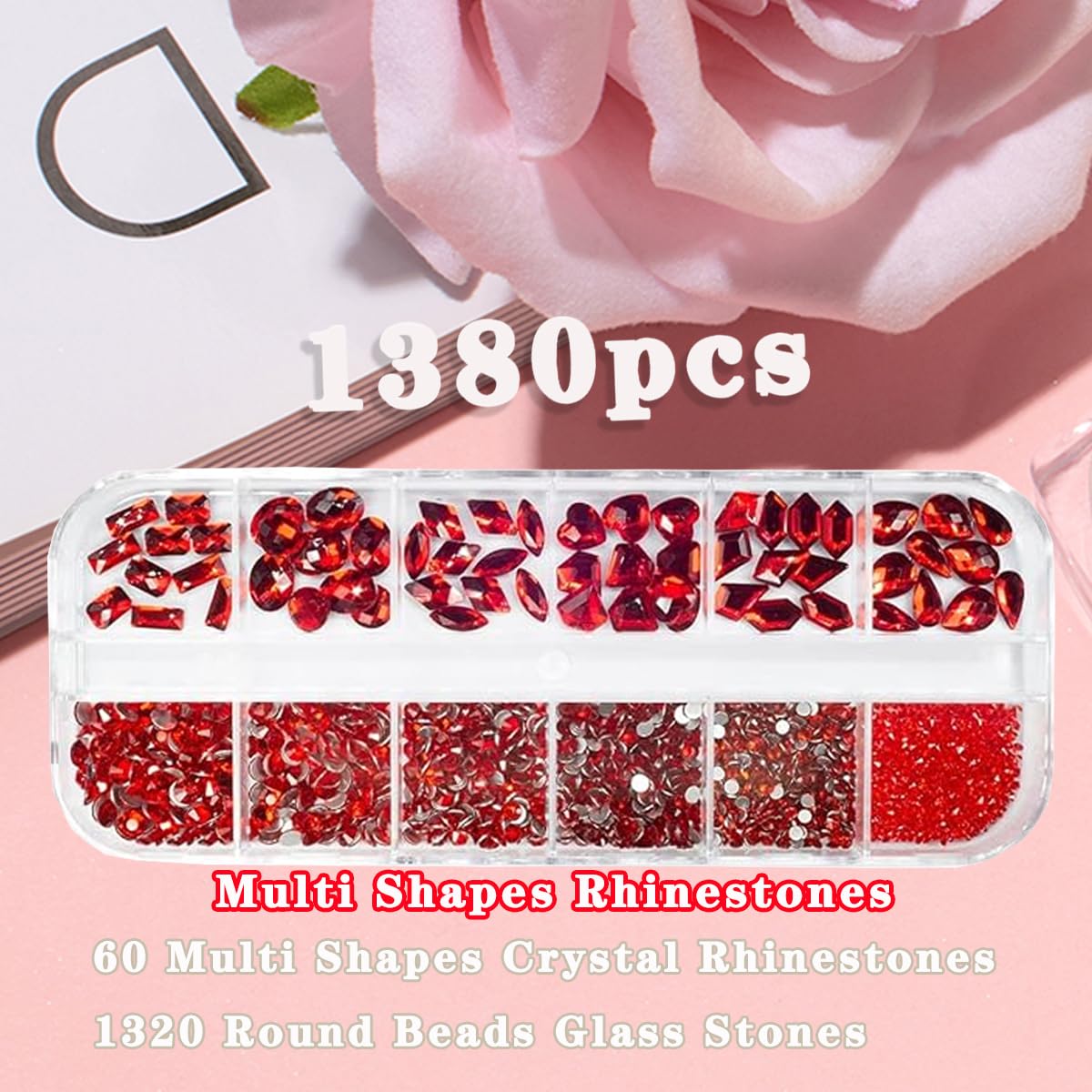 COOSLIM Nail Art Rhinestones Kit, 1380pcs Red Nail Gems Ab Flatback Rhinestones Gems Stones, 60 Multi Shapes Big Gems +1320 Round Diamonds with Pencil/Tweezers for Nail Art Craft G3