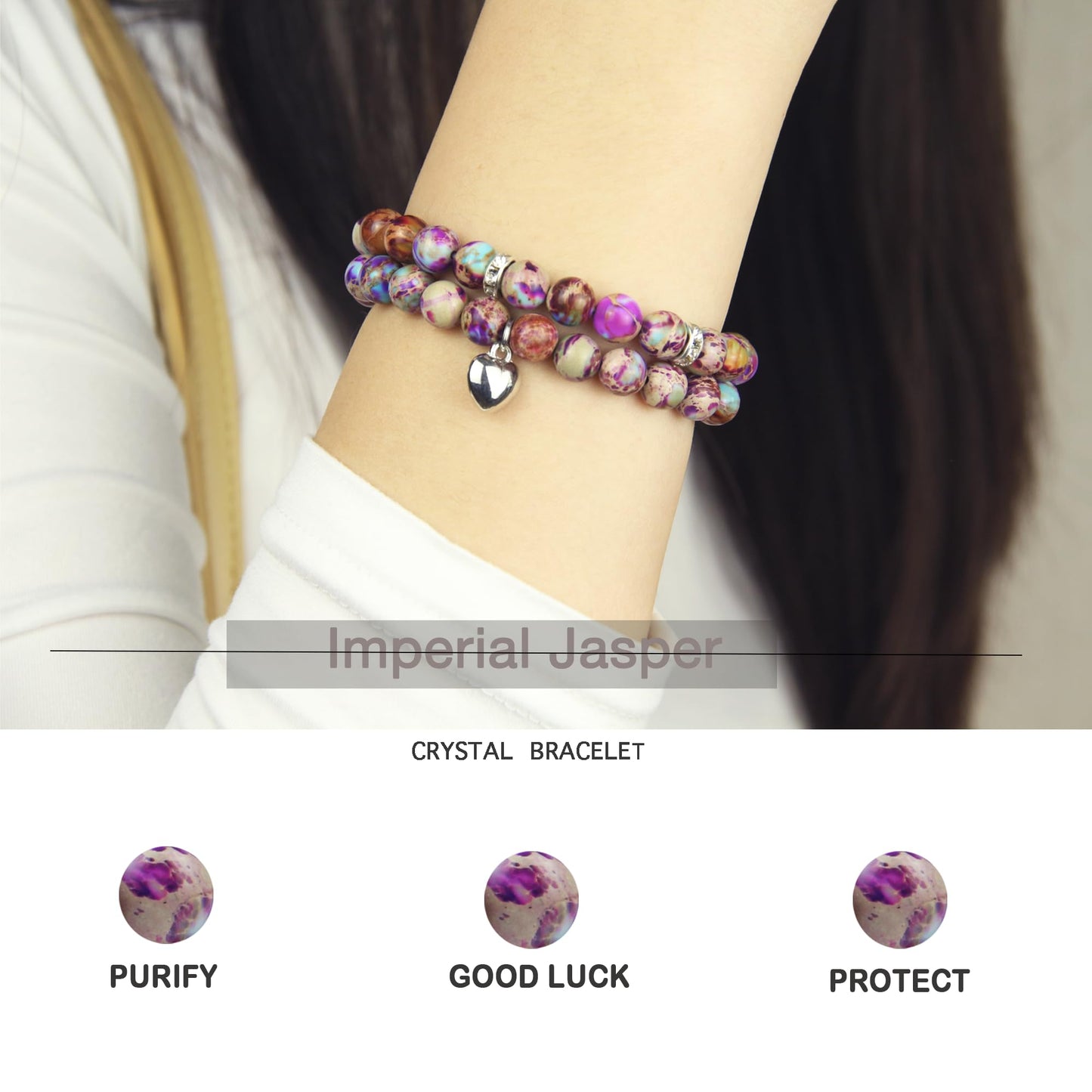 Healing Bracelets for Women - Imperial Jasper Bracelet - Healing Prayers Crystal Bracelet, 8mm Natural Stone Anti Anxiety Stress Relief Yoga Beads Get Well Soon Gifts