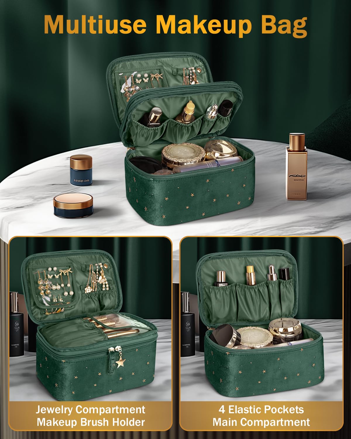 Wedama Makeup Bag, Double-layer Cosmetic Bag with Jewelry Storage and Brush Holders 3 Pcs Velvet Makeup Bag Set Travel Makeup Organizer Bags Cosmetic Case Toiletry Bag for Women Girls, Dark Green