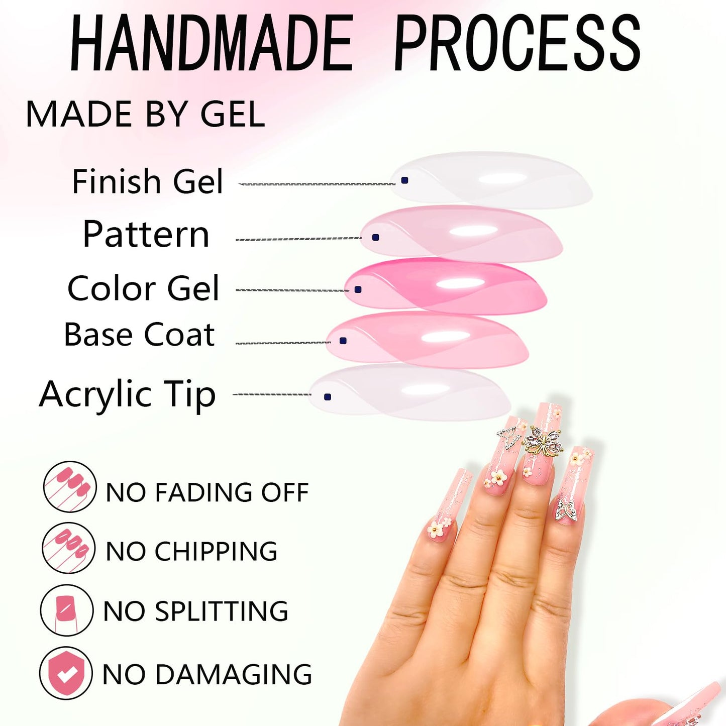 Long Press on Nails Pink Glitter Long Fake Nails Coffin Press on Nails Square False Nails with Flower Butterfly Charm Design Acrylic Nails Press on Artificial Nails Stick on Nails For Women 24Pcs