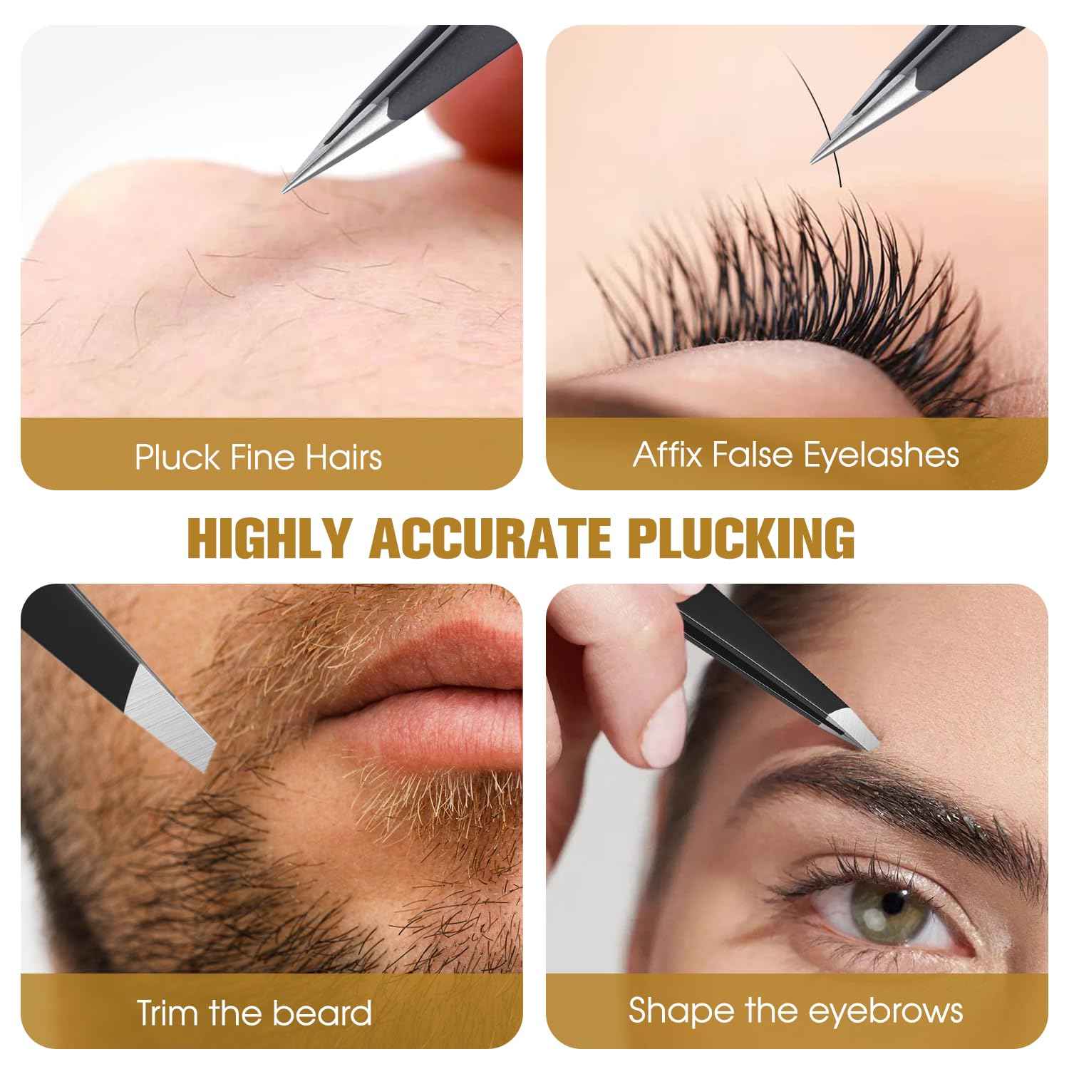 TsMADDTs Slant and Point Tip Tweezers for Women and Men, 2-Pack Professional Stainless Steel Precision Tweezers for Eyebrows, Facial Hair, Ingrown Hair Removal