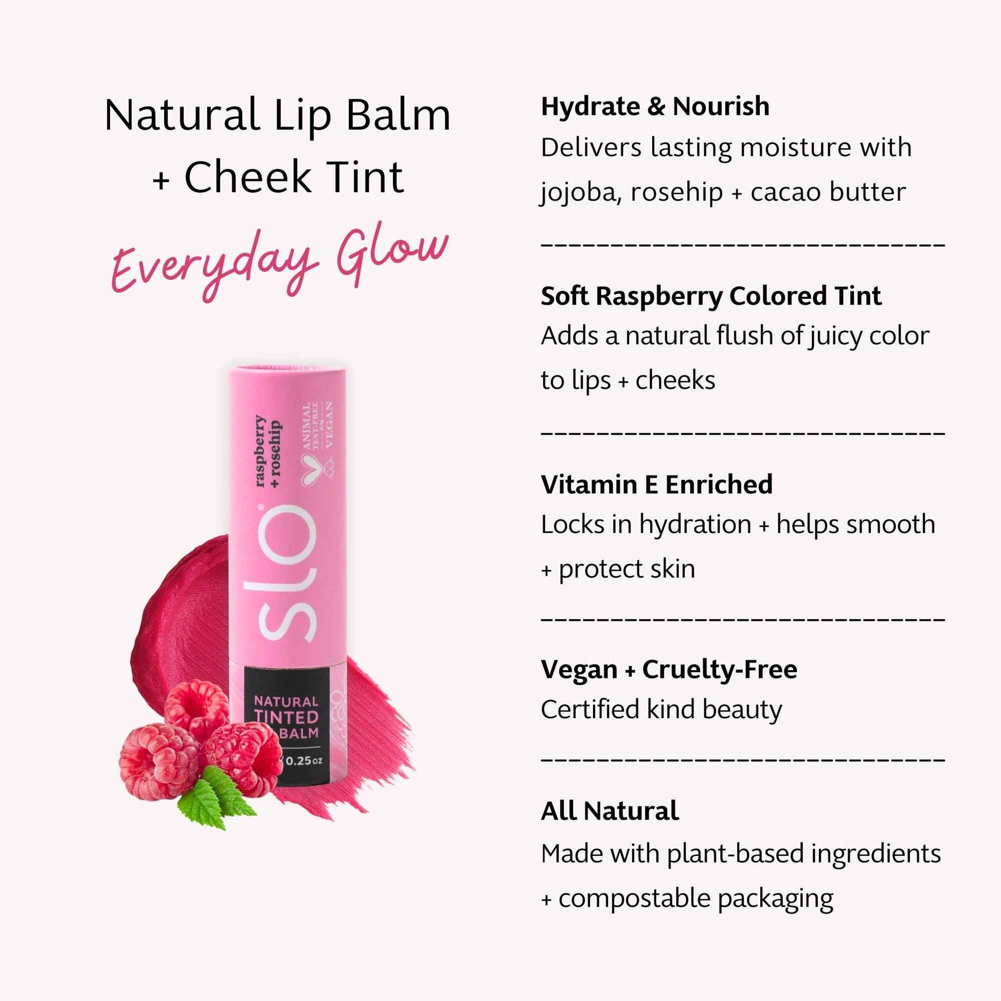 Slo | Natural Lip Balm - All Natural Ingredients, Vegan & Cruelty Free, Hydrating & Soothing, Plastic Free, Paper Packaging | Raspberry + Rosehip | 3 Pack (3 x 0.28oz/8g)