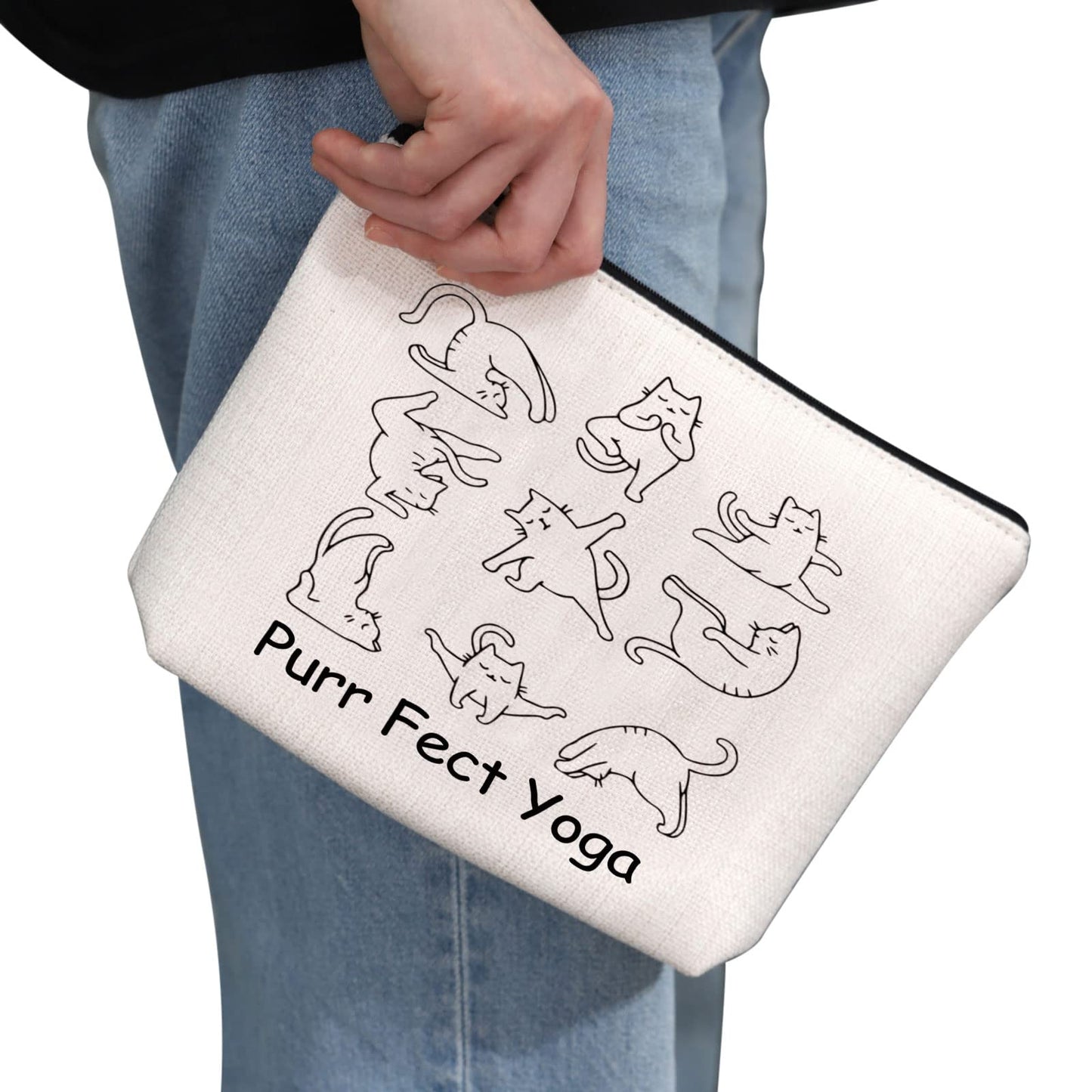 G2TUP Yoga Gift Purr Fect Yoga Makeup Bag Cat Yoga Cosmetic Bag Cat Lover Gift Yoga Instructor Gift Yoga Lover Gift Zipper Travel Pouch (Purr Fect Yoga White Bag)