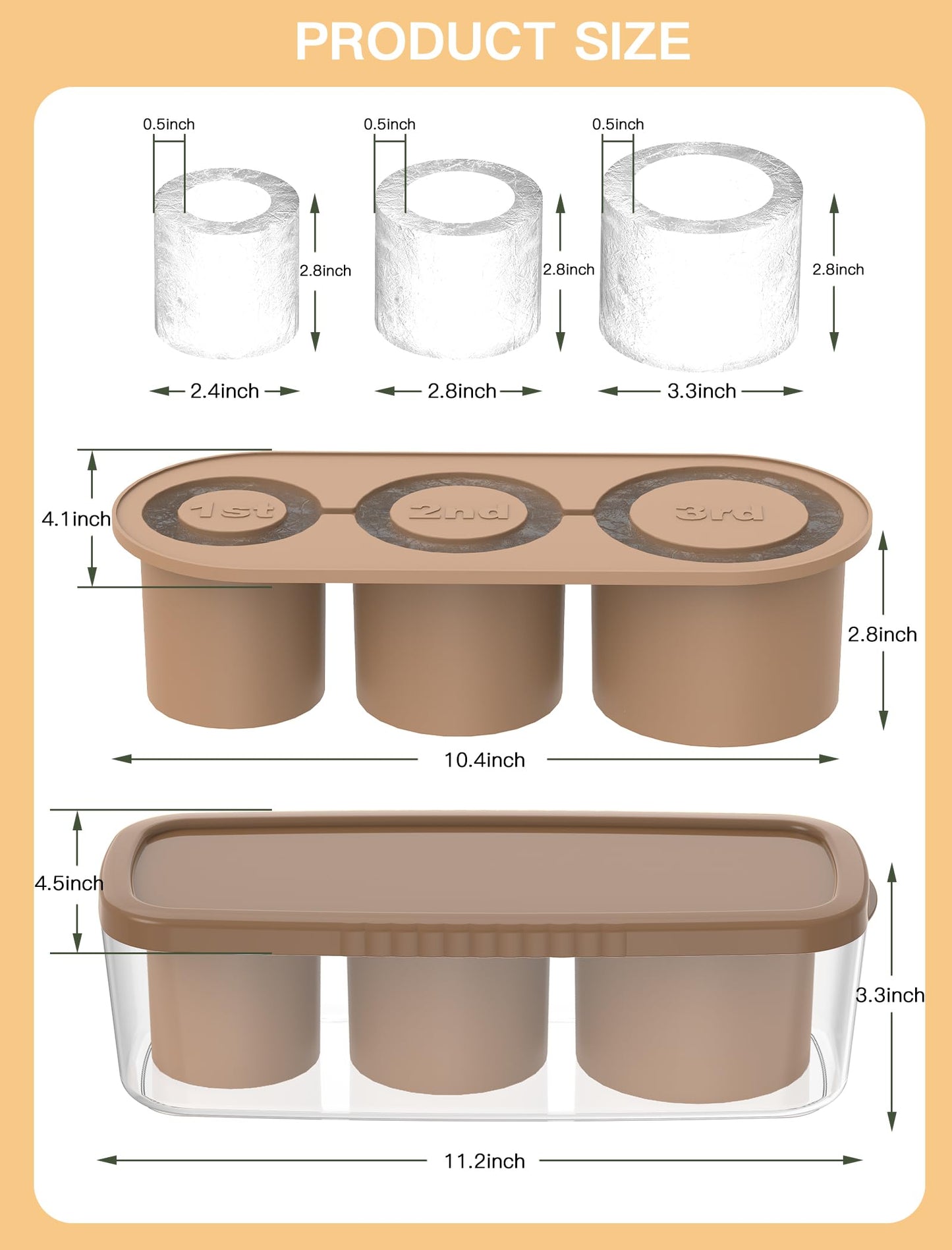 Ice Cube Tray for 30Oz-40Oz Tumbler, 3 Pcs Silicone Hollow Cylinder Ice Mold with Lid and Bin for Freezer, Ice Drink, Juice, Whiskey, Cocktail (Brown, 40 Oz)