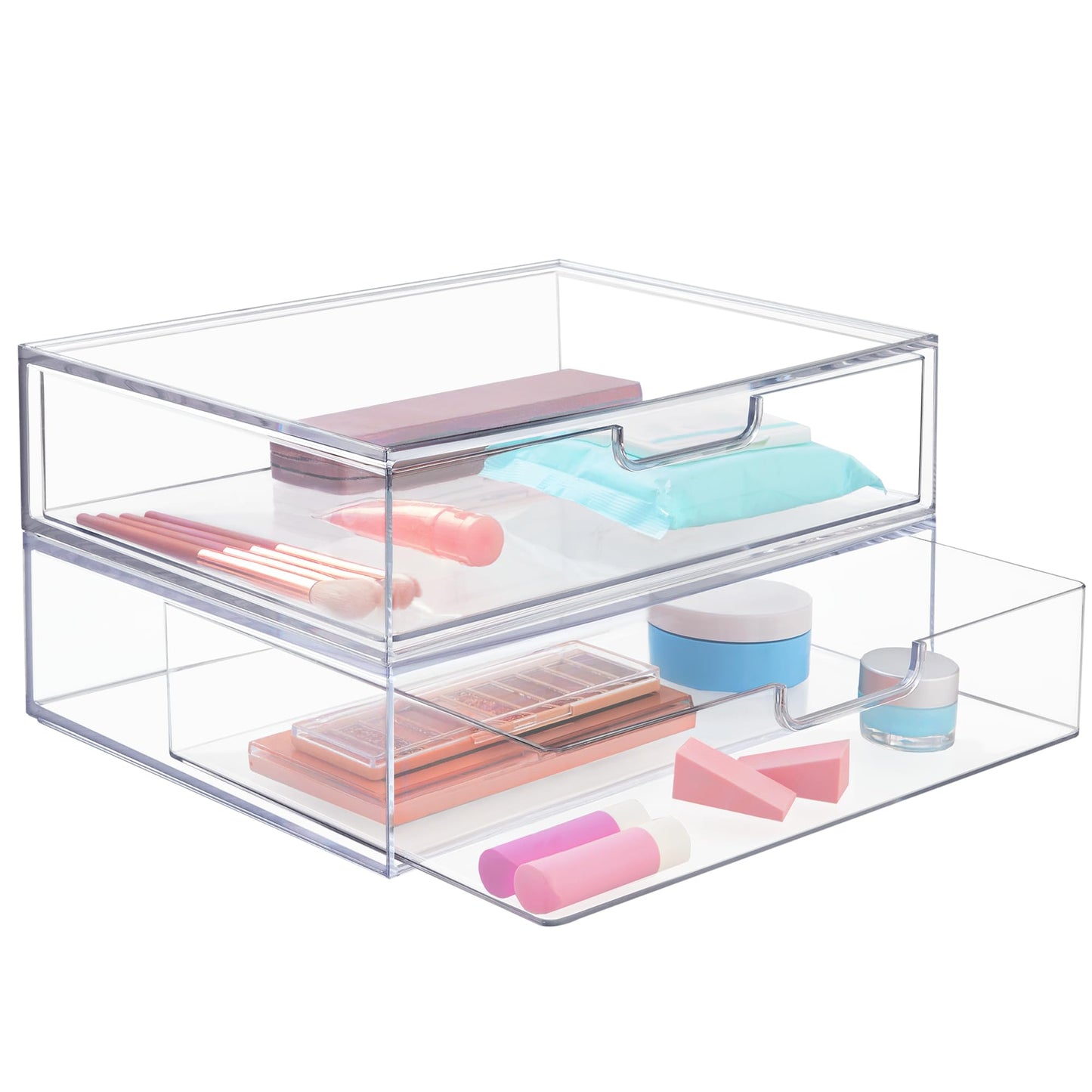 STORi Sofia 12.5” Wide Clear Stackable Open Storage Drawers, 2 Pack Plastic Organizer Bins for Makeup Palettes, Cosmetics, and Beauty Supplies, For Vanity, Bathroom, Desk Organization, Made in USA