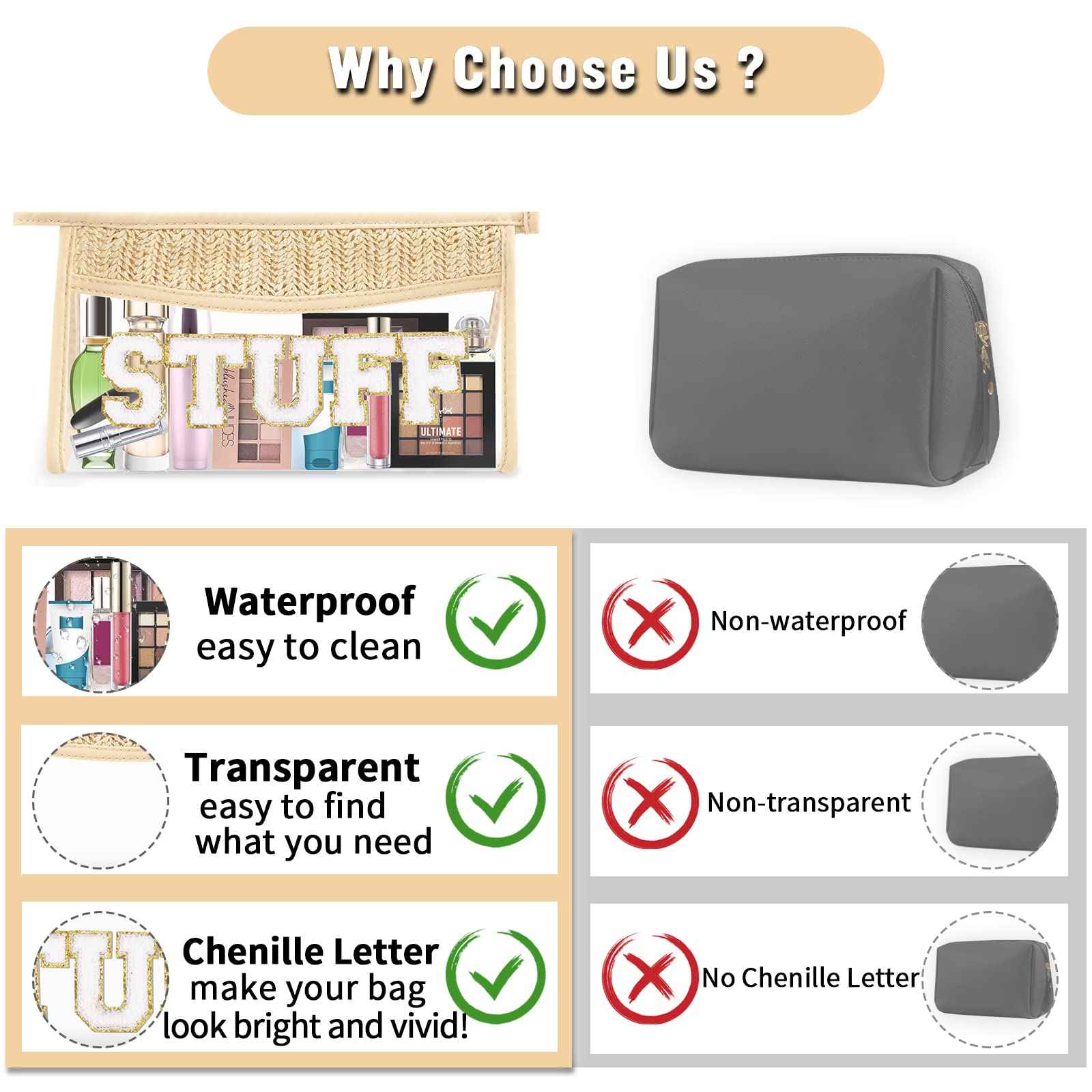 Boho Clear Makeup Letter Patch Makeup Bag STUFF Pouch, Clear Toiletry Bags Travel Small Cute Stadium Chenille Letter Cosmetic Zipper Pouch Purse, Waterproof Glitter Makeup Organizer for Women(STUFF)