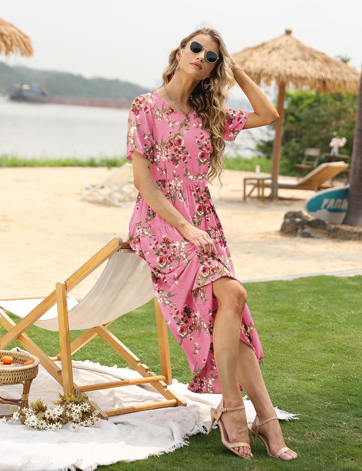 YESNO Women Casual Loose Bohemian Floral Dress with Pockets Short Sleeve Long Maxi Summer Beach Swing Dress M EJF CR335