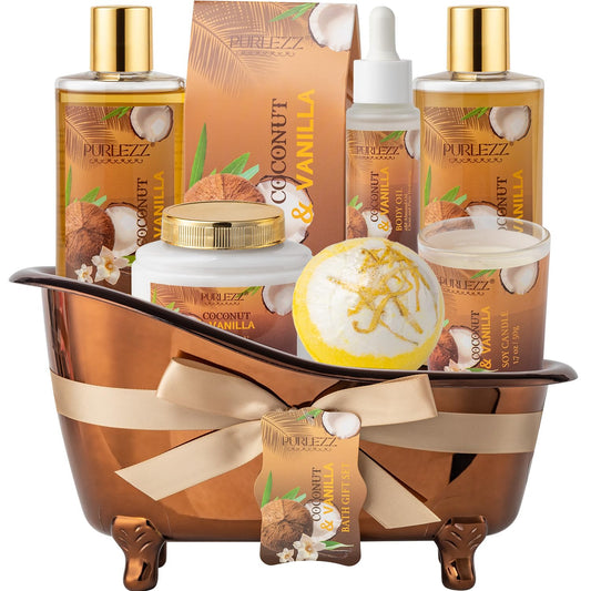 Spa Gift Basket for Women, Coconut & Vanilla Luxury Home Spa Kit, 8pcs Bath Gift Set, Birthday Gift for Women Unique with Bath Bombs, Scented Candle, Body Lotion, Spa Bath Sets for Women Gift