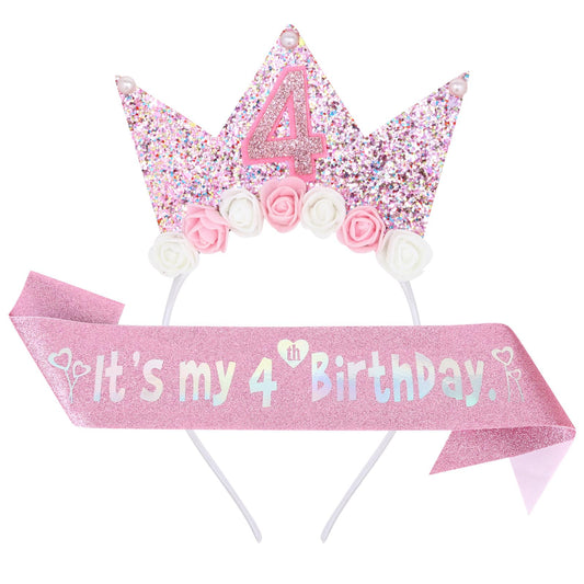 YARIEW 4th Birthday Decorations for Girls, 4th Birthday Headband and Glitter Birthday Sash Kit, Birthday Tiara Flower Princess Crown Headband It's My Birthday Sash Birthday Girl Outfit