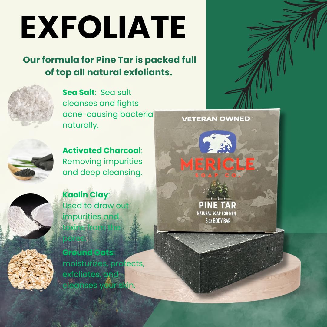 Mericle Soap Co. Pine Tar Organic 5oz Body Bar | Traditional Cold Process Technology | 100% Organic & Natural Ingredients | No Harsh Chemicals | Exfoliating | Made in the USA