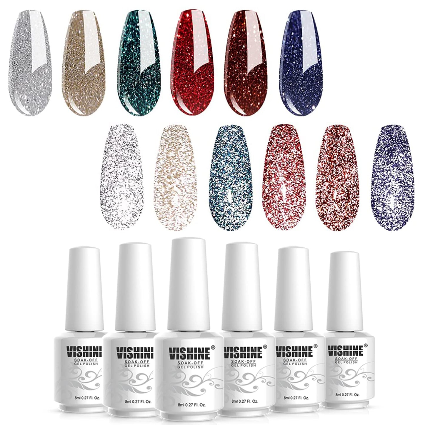 Vishine Reflective Shinny Glitter Gel Nail Polish, Explosion Diamond 6 Colors Charming Red, Brown,Blue, Noble Golden, Classic Sliver Holographic UV LED Soak Off Home Manicure Nail Art 8ml