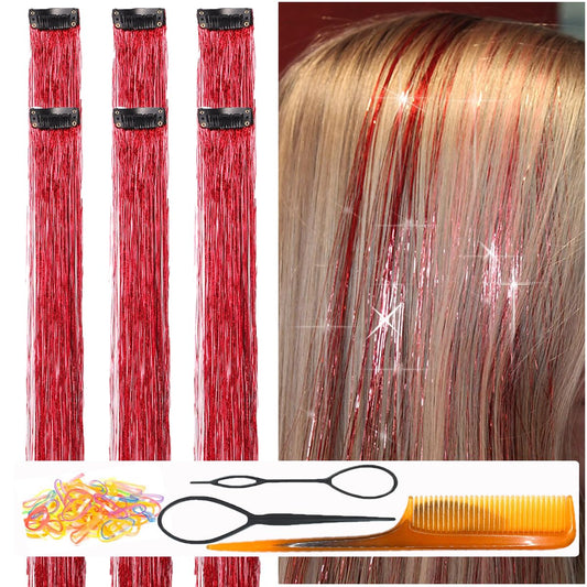 CelineBella Clip In Hair Tinsel Red Tinsel Hair Extensions 80 Strands/Pcs Very Cute for Kids Girls Cosplay Party Christmas