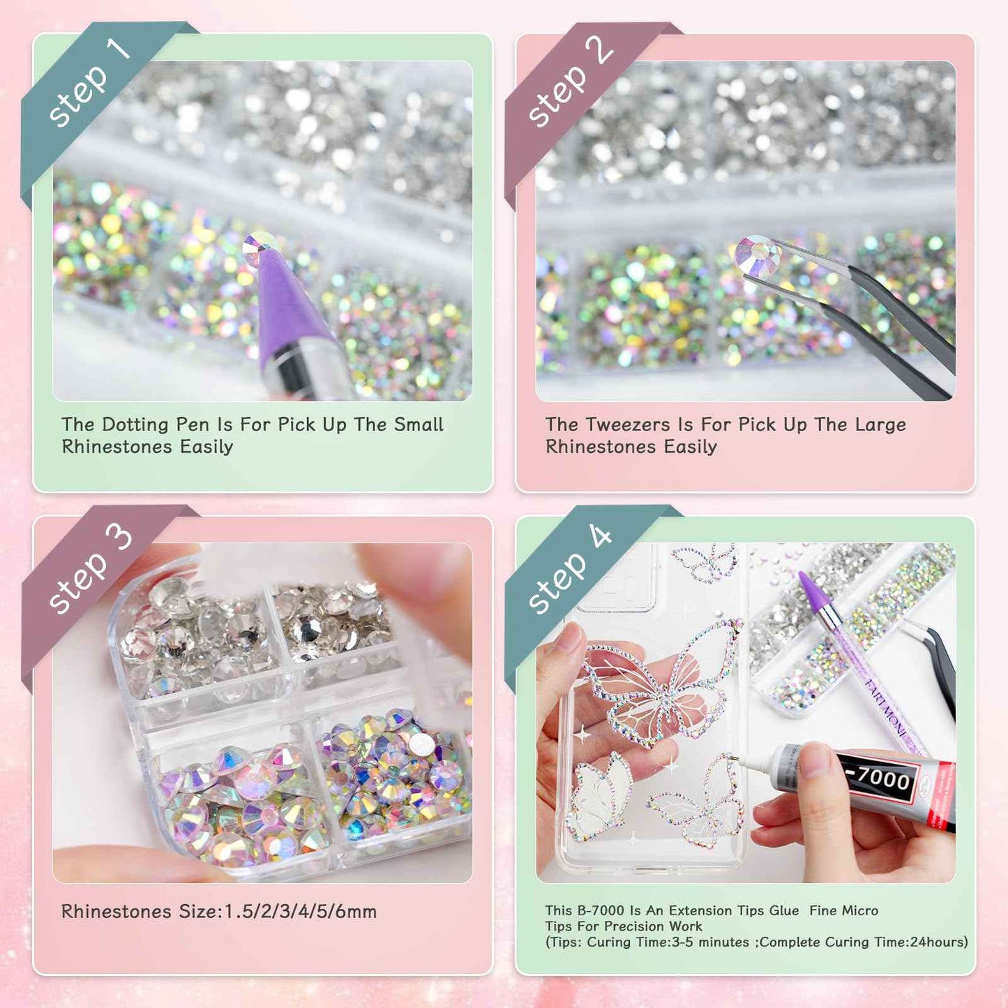 EARLMONI 2800PCS Rhinestones with 15ml B-7000 Rhinestone Glue, Pick Up Tweezers, Rhinestone Picker Pen, 6 Sizes Silver AB Crystal Nail Gems for DIY Crafts Clothing Tumblers Shoes Fabric Nail Art