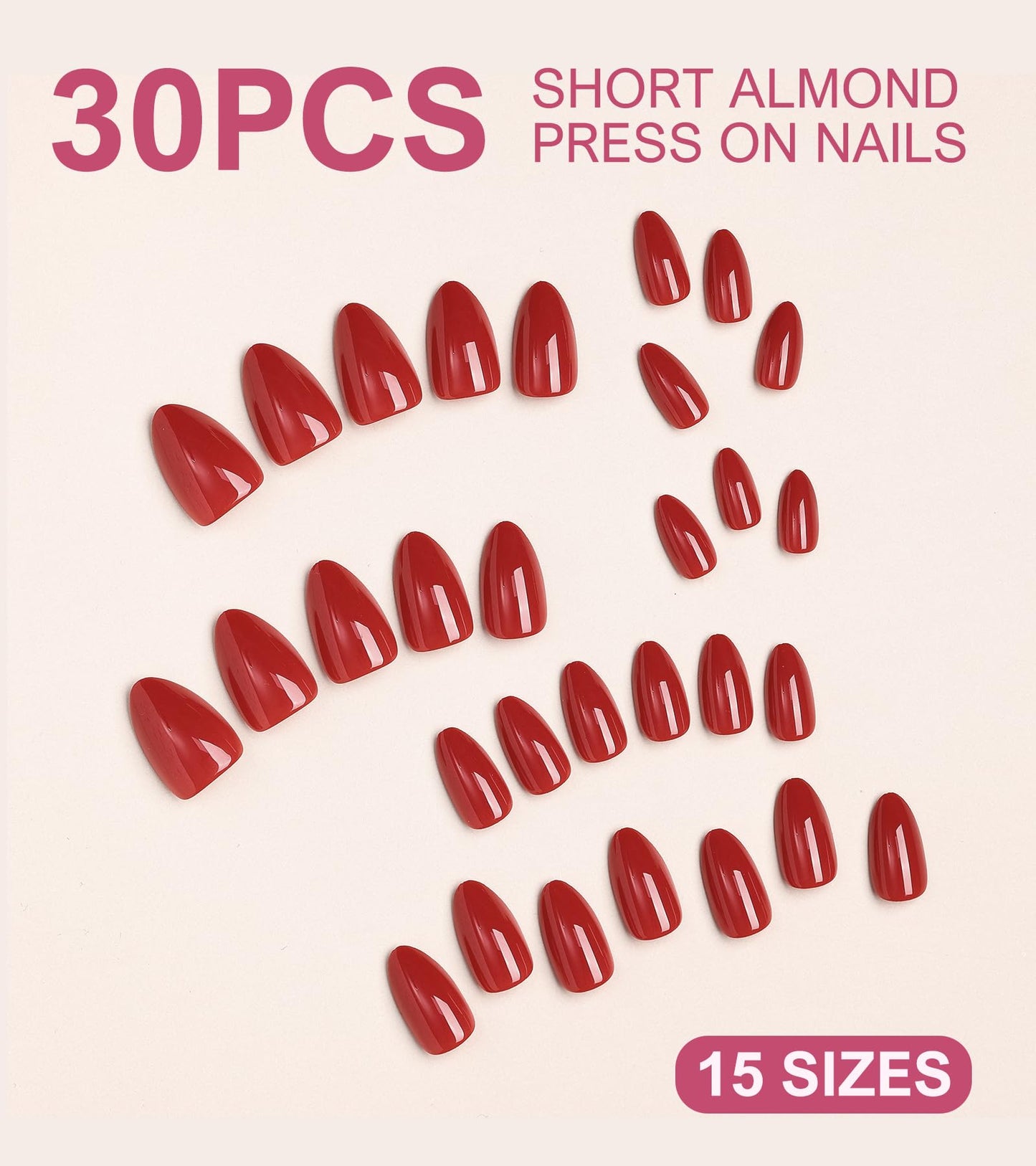 Morily Red Press on Nails, 30Pcs Short Almond Fake Nails Glossy Acrylic False Nails Reusable Full Cover Stick on Nails for Women, 15 Sizes, Thicker Fingertips