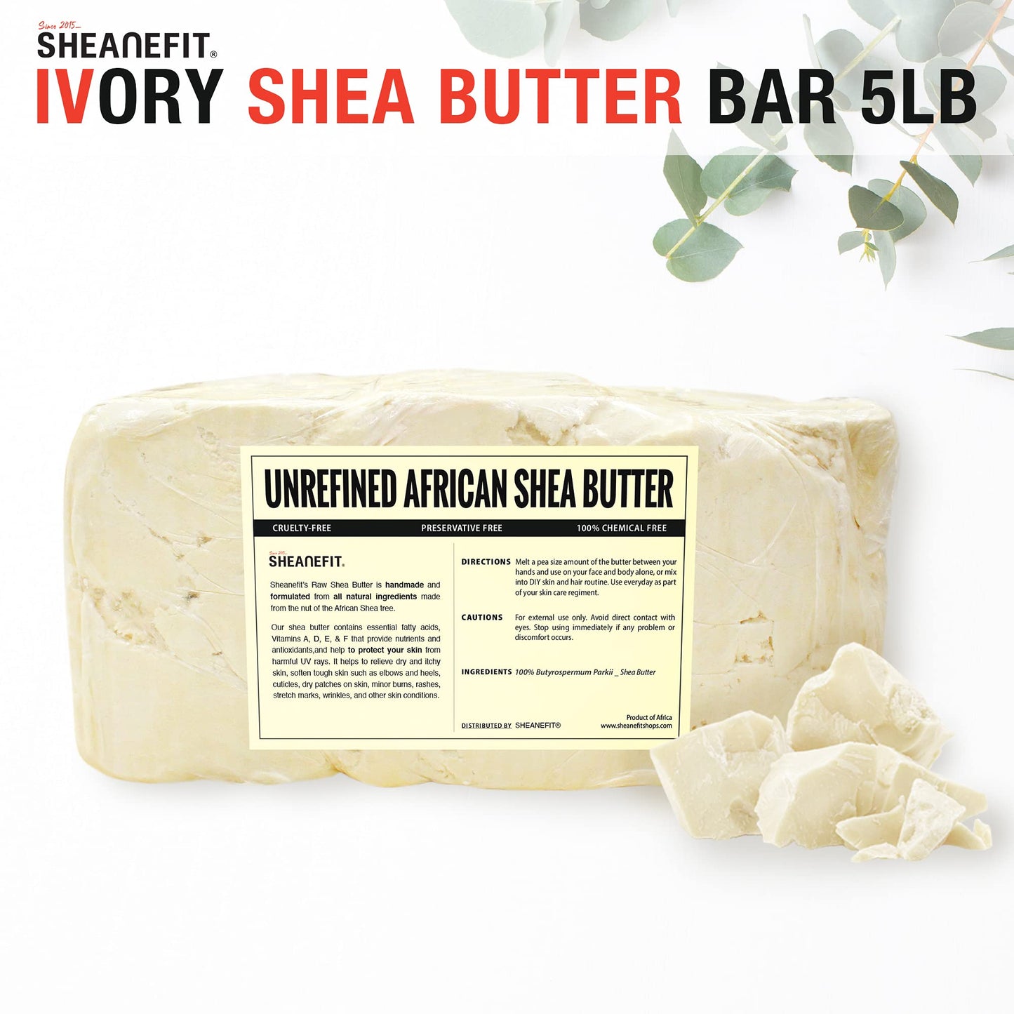 Sheanefit Unrefined Ivory Shea Butter Bulk 5 LB Bar- Moisturizes, Hydrates and Nourishes Dry Skin, Ivory 5 LB Bar (5 Pound)