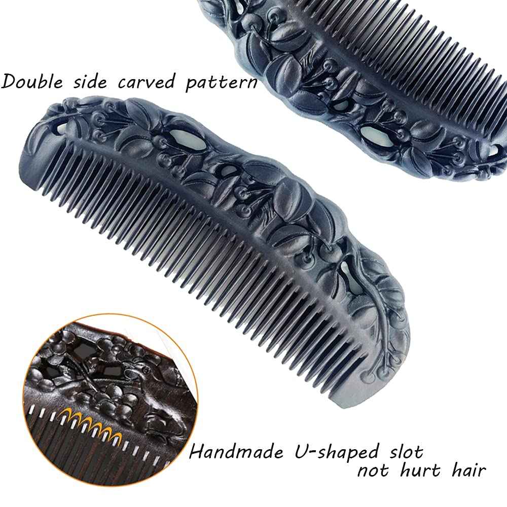 Sitronugras Black Sandalwood Natural Hair Comb, Ebony Carved Fine Tooth Wooden Comb- Anti-Static No Snag Handmade Hair Wood Comb for Women Men - with gift box