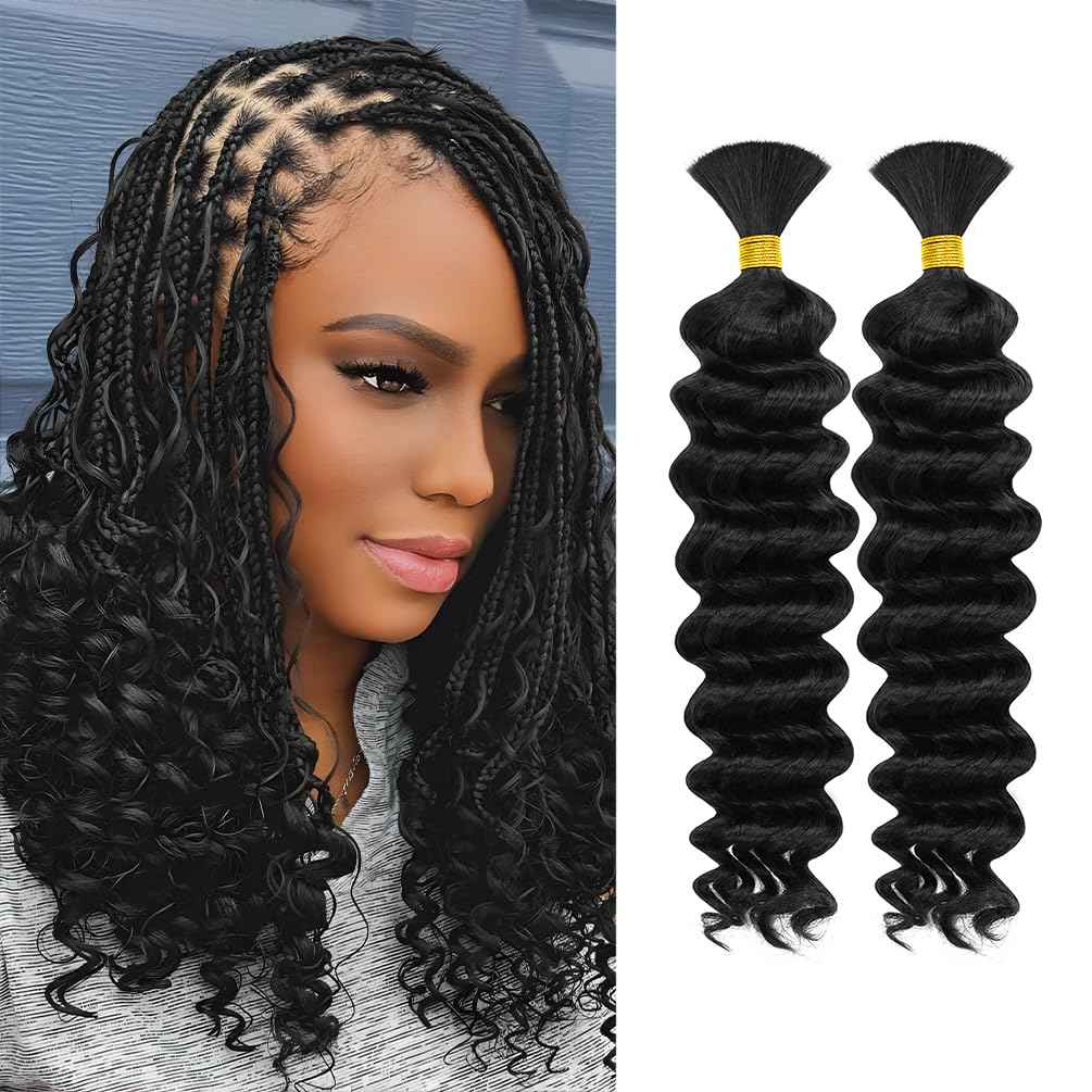 Human Braiding Hair, 2 Bundle 100g 16 Inch Boho Braids Human Hair 10A Deep Wave Bulk Brazilian Virgin No Weft Wavy Hair Extensions for Boho Bohemian Micro Braid Bulk for Braiding Natural Black