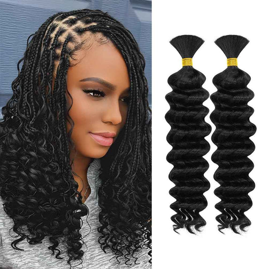 Human Braiding Hair, 2 Bundle 100g 16 Inch Boho Braids Human Hair 10A Deep Wave Bulk Brazilian Virgin No Weft Wavy Hair Extensions for Boho Bohemian Micro Braid Bulk for Braiding Natural Black