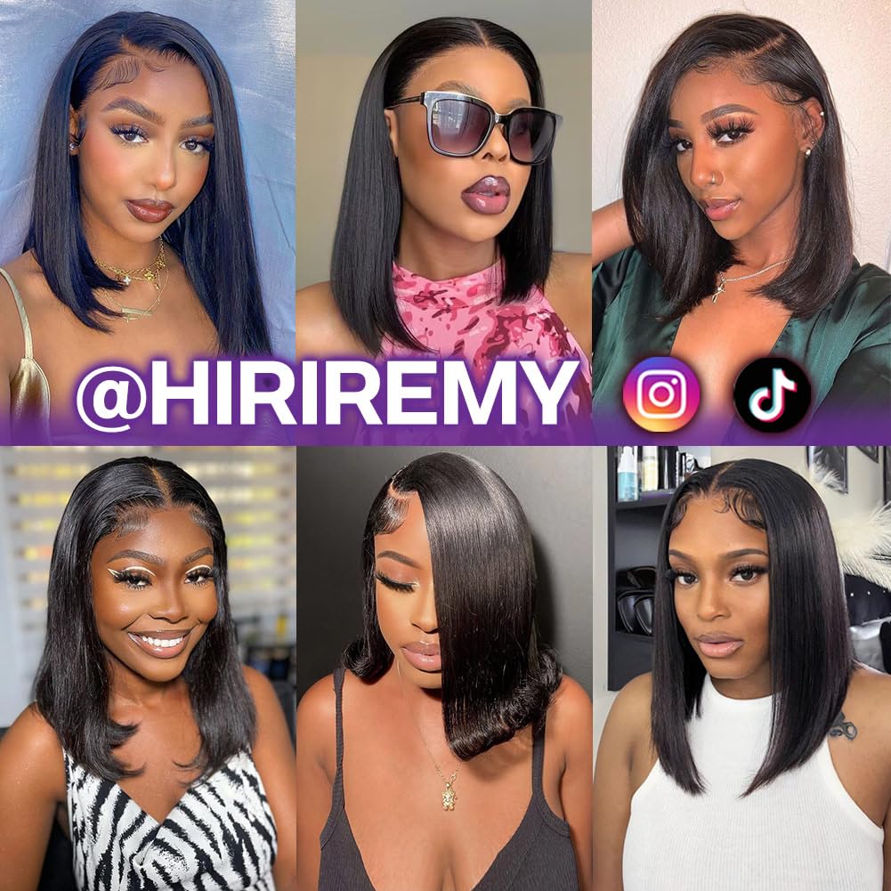 HIRIREMY Lace Front Bob Wigs Human Hair 13x4 HD Lace Glueless Bob Wig Human Hair Short Straight Frontal Bob Wigs for Black Women Human Hair Pre Plucked with Baby Hair Side Part 180% Density 14 Inch