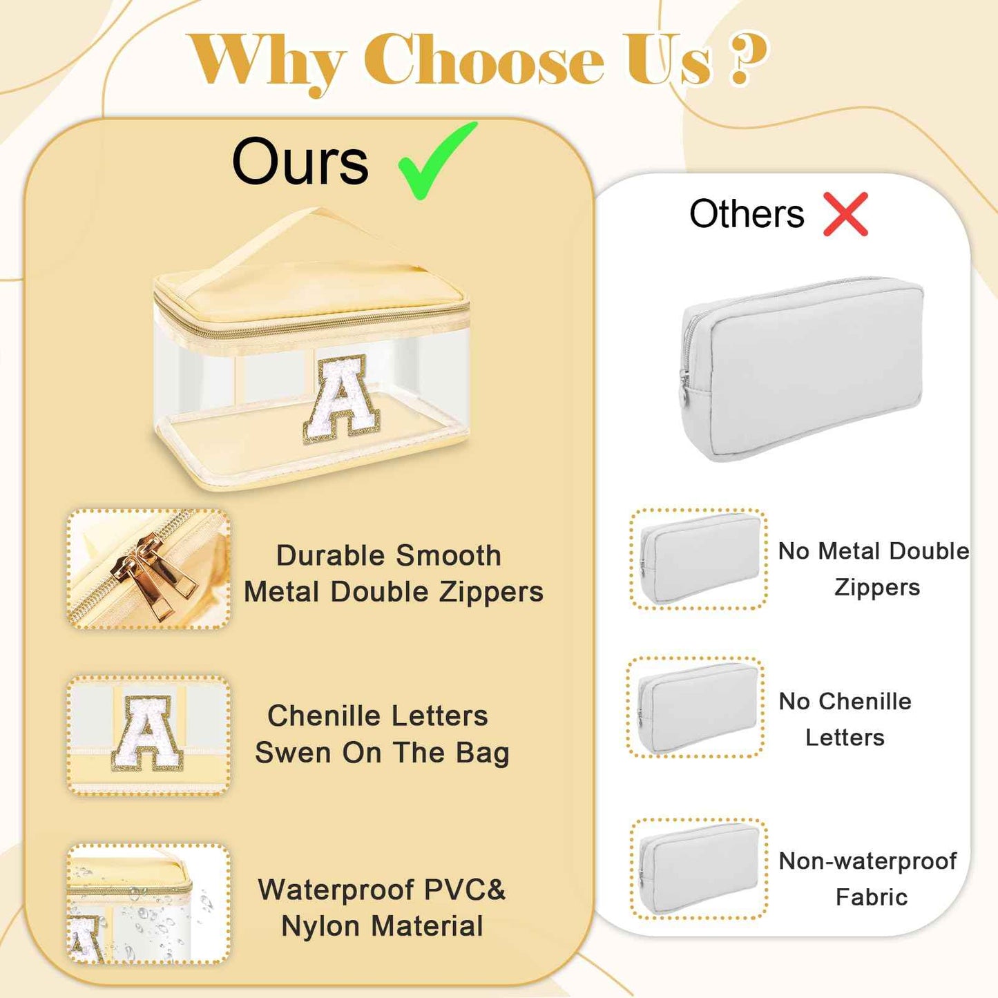 UIXIZQ Personalized Initial Letter Patch Clear Makeup Bag,Cute Preppy Chenille Letter Travel Cosmetic Bag with Handle,Nylon Toiletry Bag Handbag,Large Make up Storage Zipper Pouch for Women,H