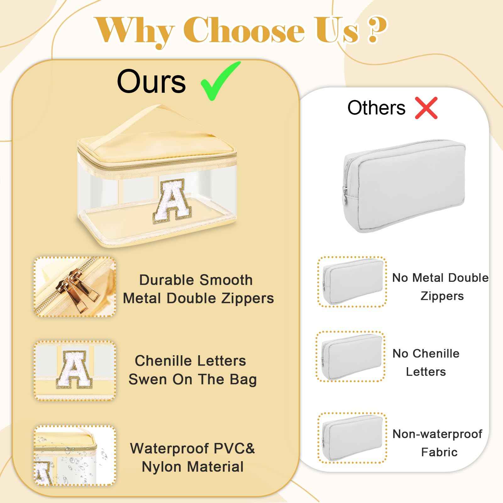 UIXIZQ Personalized Initial Letter Patch Clear Makeup Bag,Cute Preppy Chenille Letter Travel Cosmetic Bag with Handle,Nylon Toiletry Bag Handbag,Large Make up Storage Zipper Pouch for Women,H