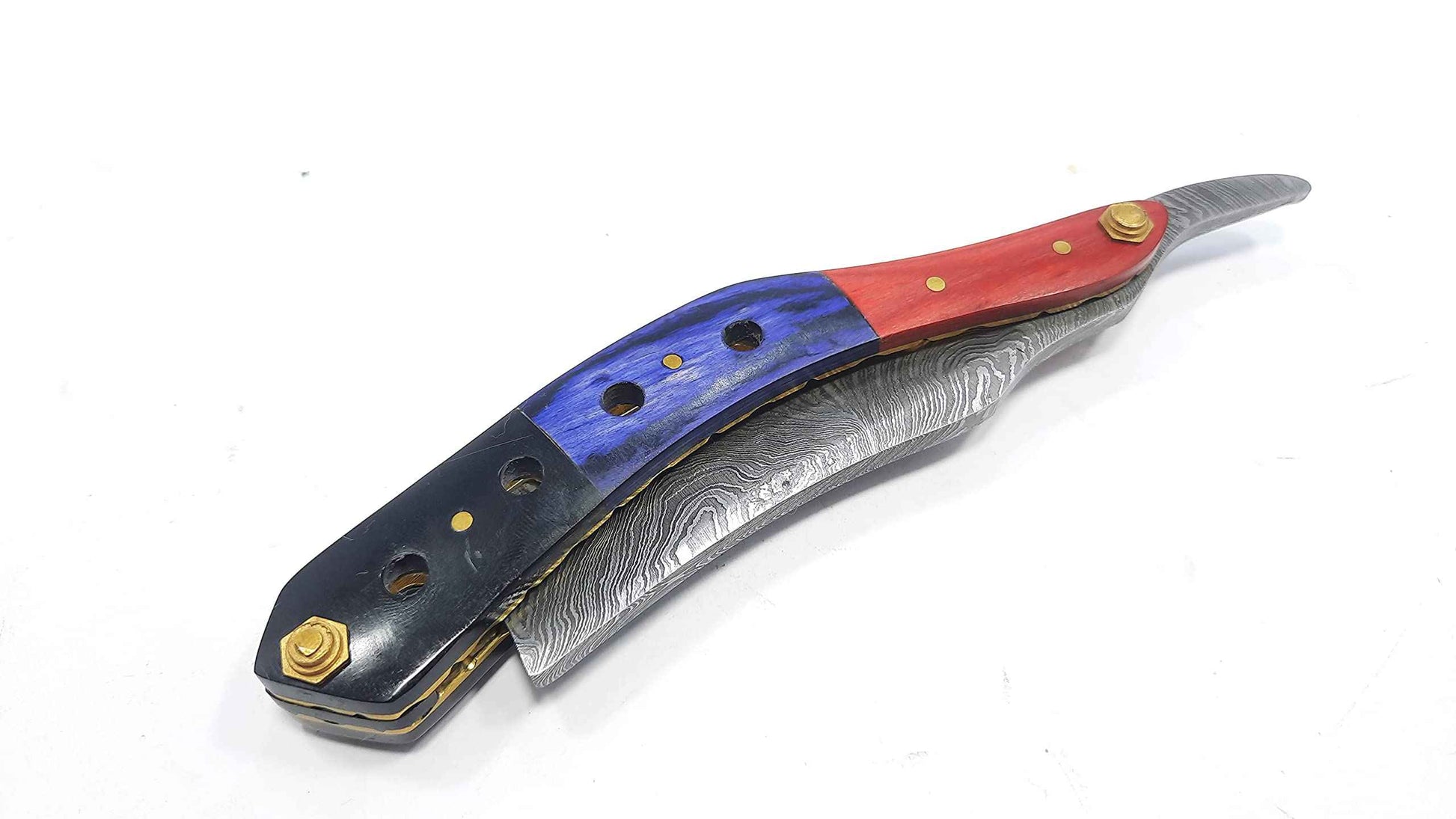 Qureshi Knifes Damascus Steel Straight Razor fixed Blade Color Wood, Buffalo Horn Handle with Leather Sheath Belt Loop. STR-24004