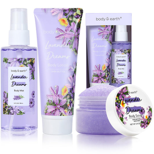 BODY & EARTH Body Mist Gift Set - Spa Gifts for Women, Perfume, Body Lotion, and Body Scrub in a Lavender Dreams Box- Perfect Birthday Gifts for Moms, and Special Occasions,Unique Gift Ideas for Her
