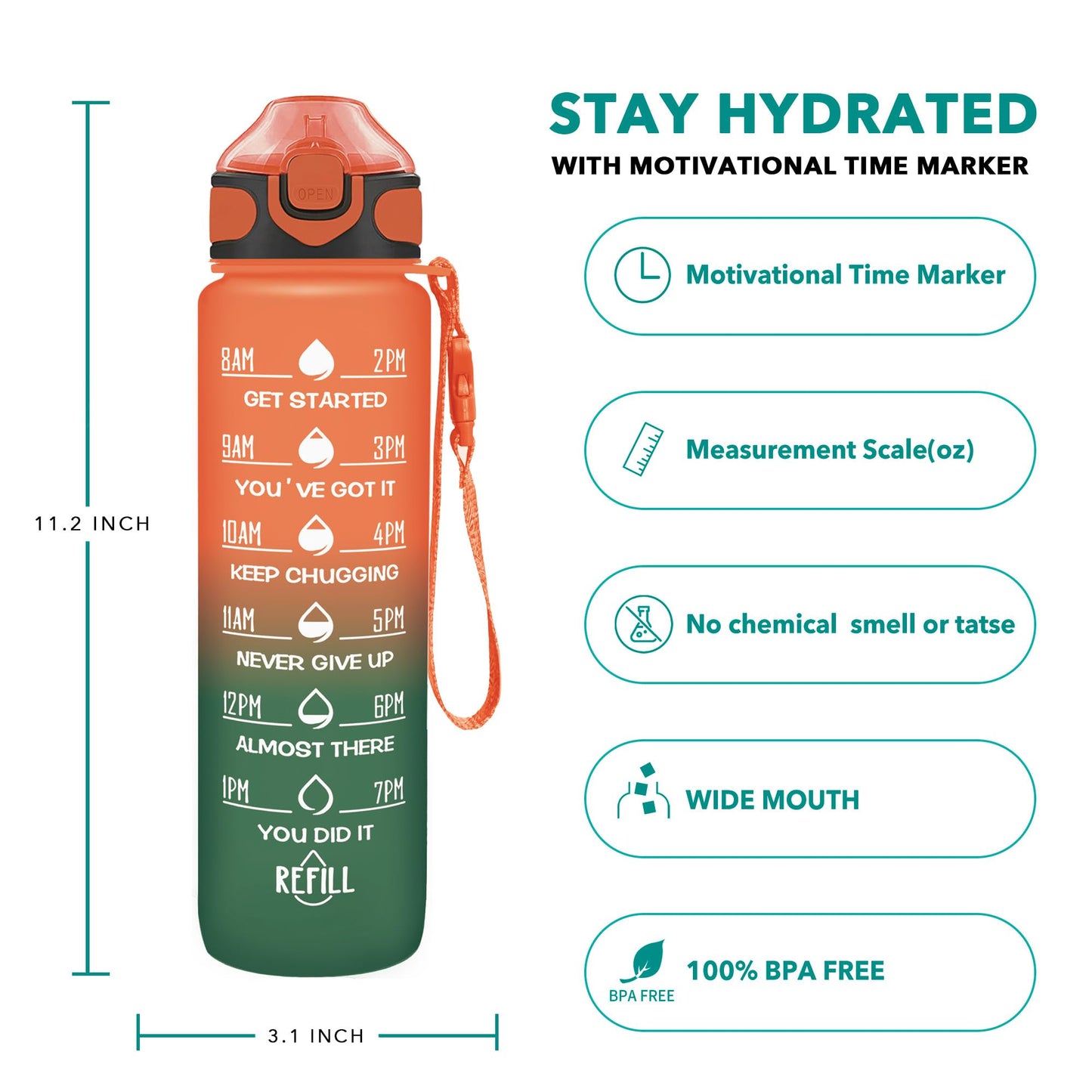 Enerbone 32 oz Drinking Water Bottle with Times to Drink and Straw, Motivational with Carrying Strap, Leakproof BPA & Toxic Free, Ensure You Drink Enough Water for Fitness Gym Outdoor