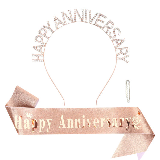 Anniversary Decorations, Rose Gold Happy Anniversary Sash and Crown Set, Anniversary Sash and Headband for Women