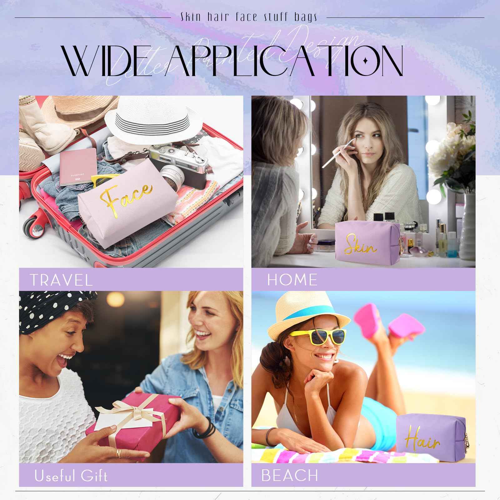 Aliceset 4 Pcs Preppy Makeup Bags Set Cute Travel Cosmetic Pouch Face Skin Hair Stuff Aesthetic Makeup Bags, PU Leather Waterproof Zipper Toiletry Pouch Gifts for Women Girl(Pink Purple)