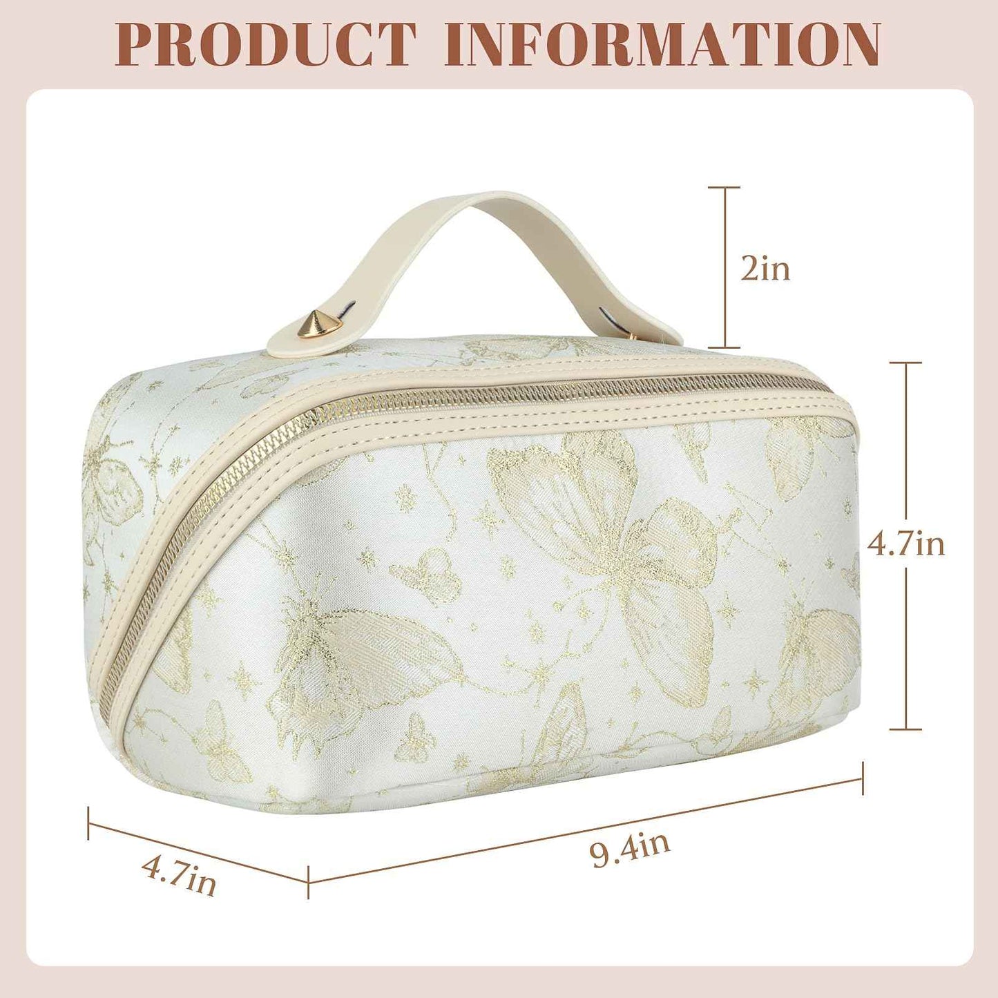 KEYPOWER Large Capacity Cosmetic Bag with Butterfly Pattern Travel Makeup Bag Portable Toiletry Bag with Handle for Women (White)