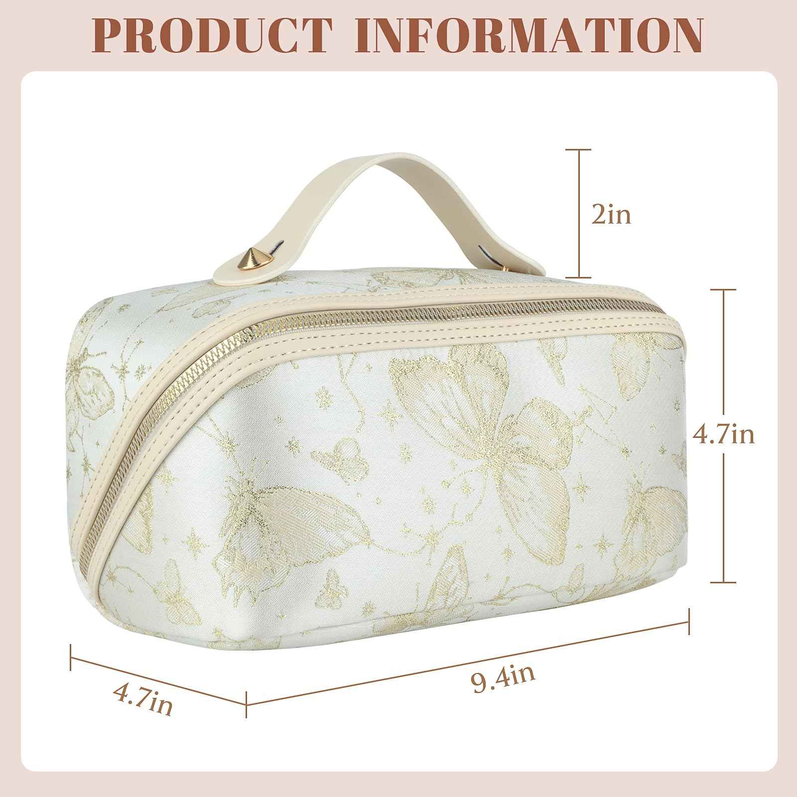 KEYPOWER Large Capacity Cosmetic Bag with Butterfly Pattern Travel Makeup Bag Portable Toiletry Bag with Handle for Women (White)