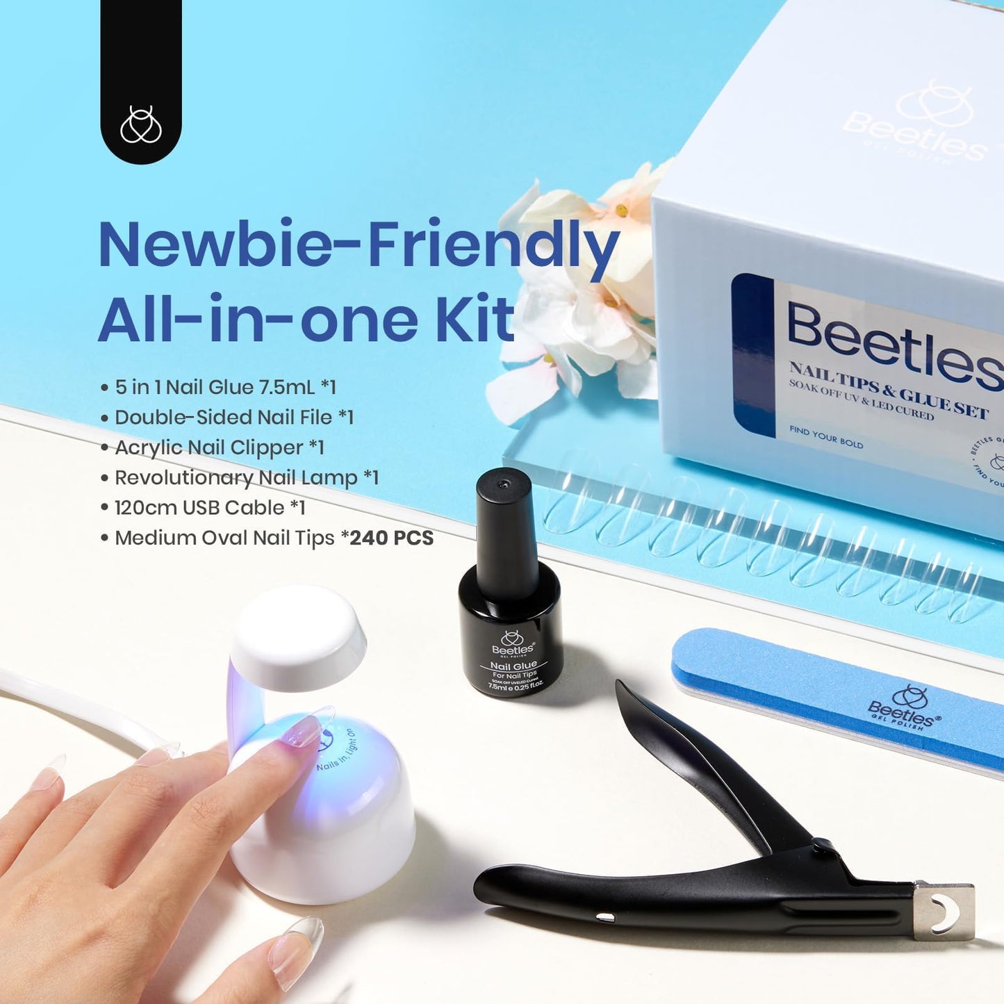 Beetles Gel Nail Kit Easy Nail Extension Set 5 In 1 Nail Glue Gel Base Coat with Pre shaped Medium Oval Gel Nail Tips and Uv Led Nail Lamp Acrylic Nail Clipper for Nail Art Diy Home