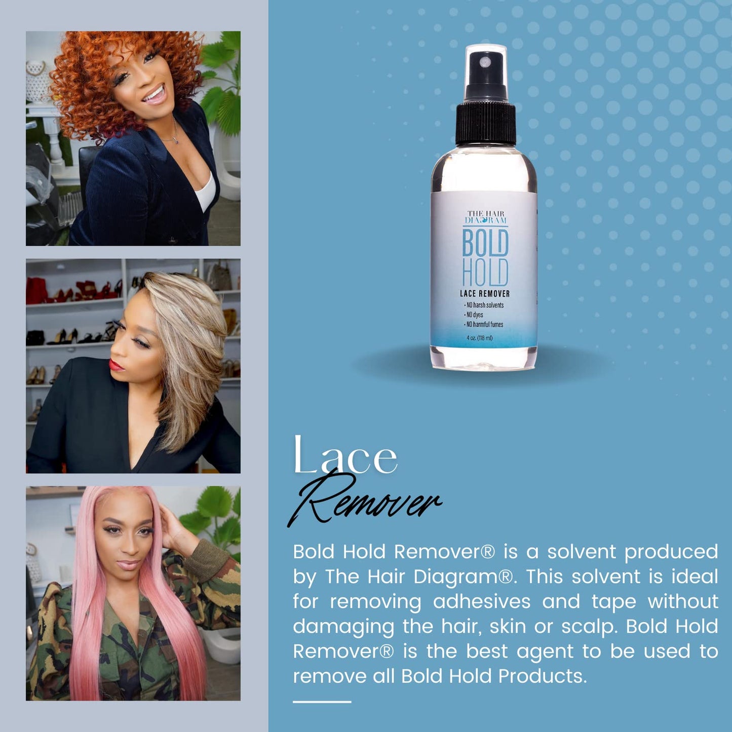 The Hair Diagram - Bold Hold Lace Remover - Bond Release Spray - Residue Removal Solution For Wigs, Extensions, & Hair Systems - Tape & Lace Glue Remover - NO Harsh Solvents, Dyes, Harmful Fumes - 4oz