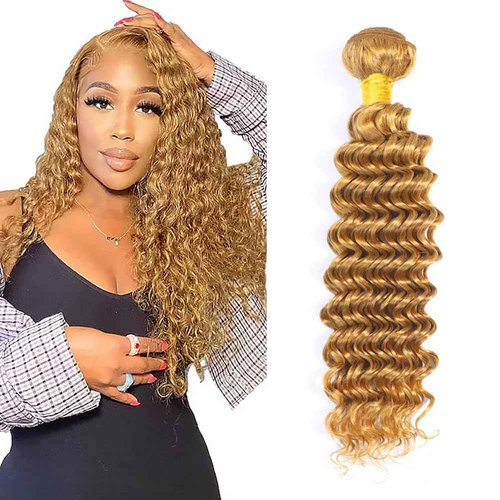 Deep Wave Human Hair Bundles Blonde 26 Inch Deep Single Bundle #27 Honey Blonde Human Hair Unprocessed Native Virgin Hair 100g Total Double Weft Crochet Human Hair Extensions for Women