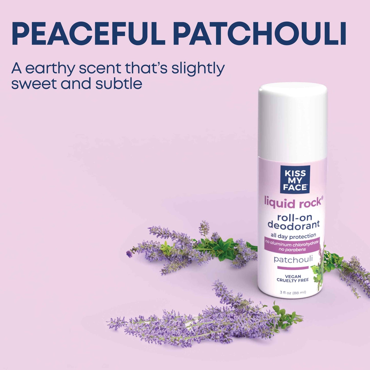 Kiss My Face Liquid Rock Roll-On Deodorant, All Day Protection, Vegan and Cruelty Free, Patchouli Scent, 3 Fl Oz, Pack of 3