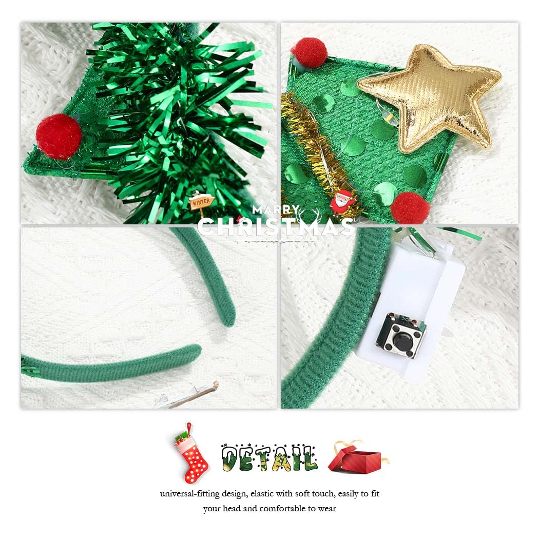 CLOACE LED Christmas Headbands Green Luminous Glitter Hair Hoop Xmas Trees Hairband Cosplay Festival Holiday Party Hair Accessories for Women and Girls (Style-A)