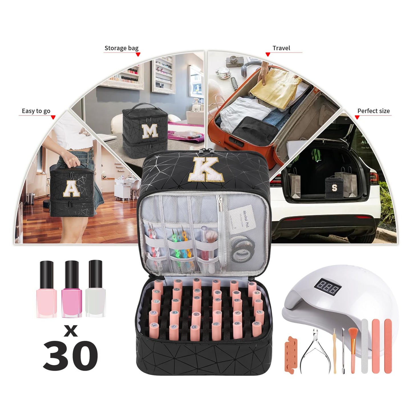 KGMCARE Nail Polish Organizer and Portable Nail Polish Bag Carrying Case, Holds 30 Bottles (15ml), Large Capacity Storage Case for Nail Polish (V)