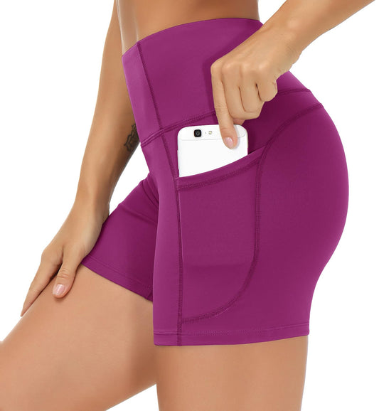 THE GYM PEOPLE High Waist Yoga Shorts for Women's Tummy Control Fitness Athletic Workout Running Shorts with Deep Pockets Fuchsia