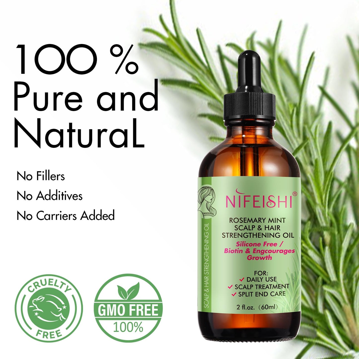 Rosemary Oil, 100% Pure Natural Rosemary Oil for Hair Growth, Treatment For Damaged Hair & Dry Skin, Cold Pressed Oil For Hair Growth, Eyebrows,Eyelashes, Nails and Skin(60ml)