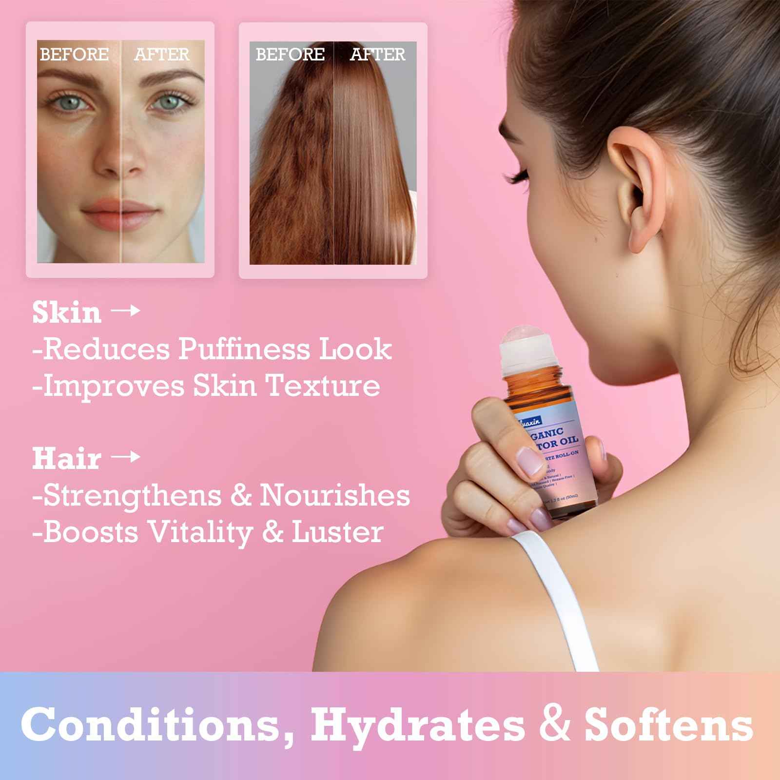 Olvaxin Organic Castor Oil Roll-On with Rose Quartz - 2 Pack x 1.7 fl oz(50mL) | Brown Glass Bottle, Cold Pressed, Hexane Free, Unrefined | Nourishing Oil for Face, Hair and Body