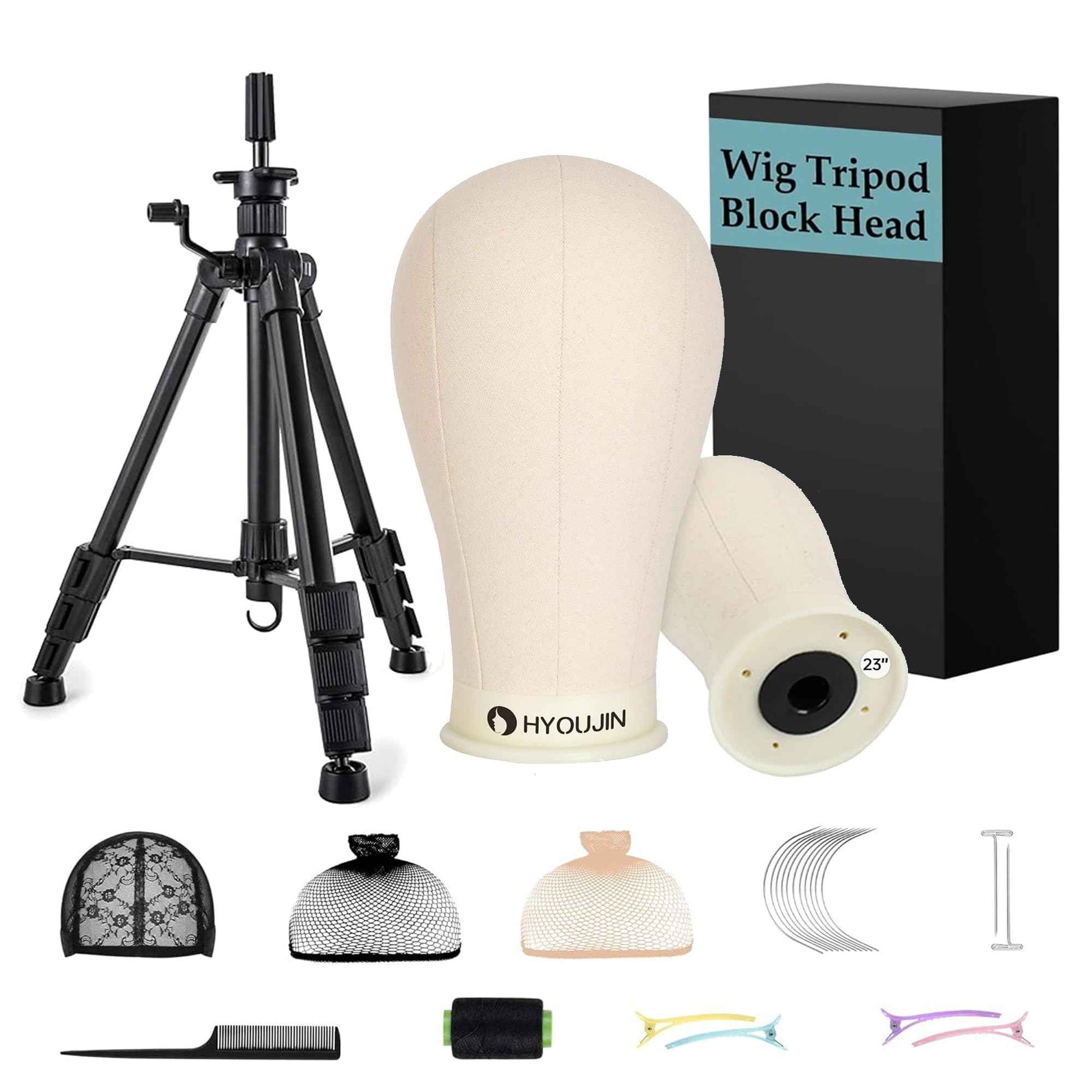 HYOUJIN Heavy Duty Wig Stand with Mannequin Head,Heavy Wig Stand Tripod Metal Adjustable Holder for Mannequin Head,Canvas Block Head with Wig Caps,T-PIN,C Needles,Clips,Carrying Bag, Rattail Comb(19.5"- 51.6")