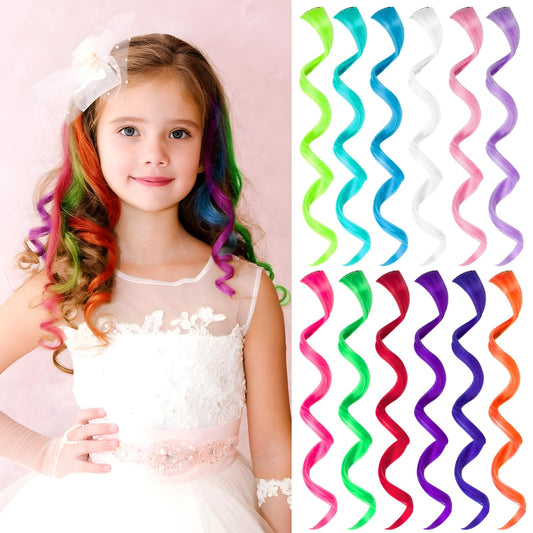 Olldag 12 PCS Colored Hair Extensions for Kids, Curly Wavy Synthetic Hairpieces Clip in Rainbow Neon Party Highlights, Colorful Hair Accessories for Girls Women 17 Inch (Multi-color Set)